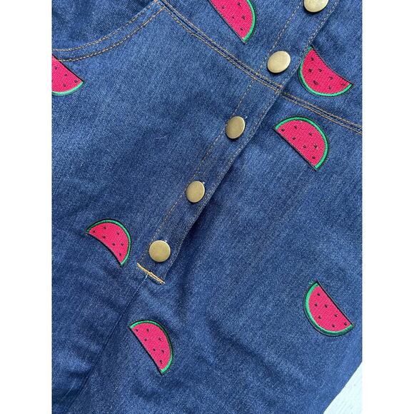 Unique‎ Vintage Denim Overall Dress Watermelon Embroidered Adjustable Strap Sz M - Picture 4 of 9